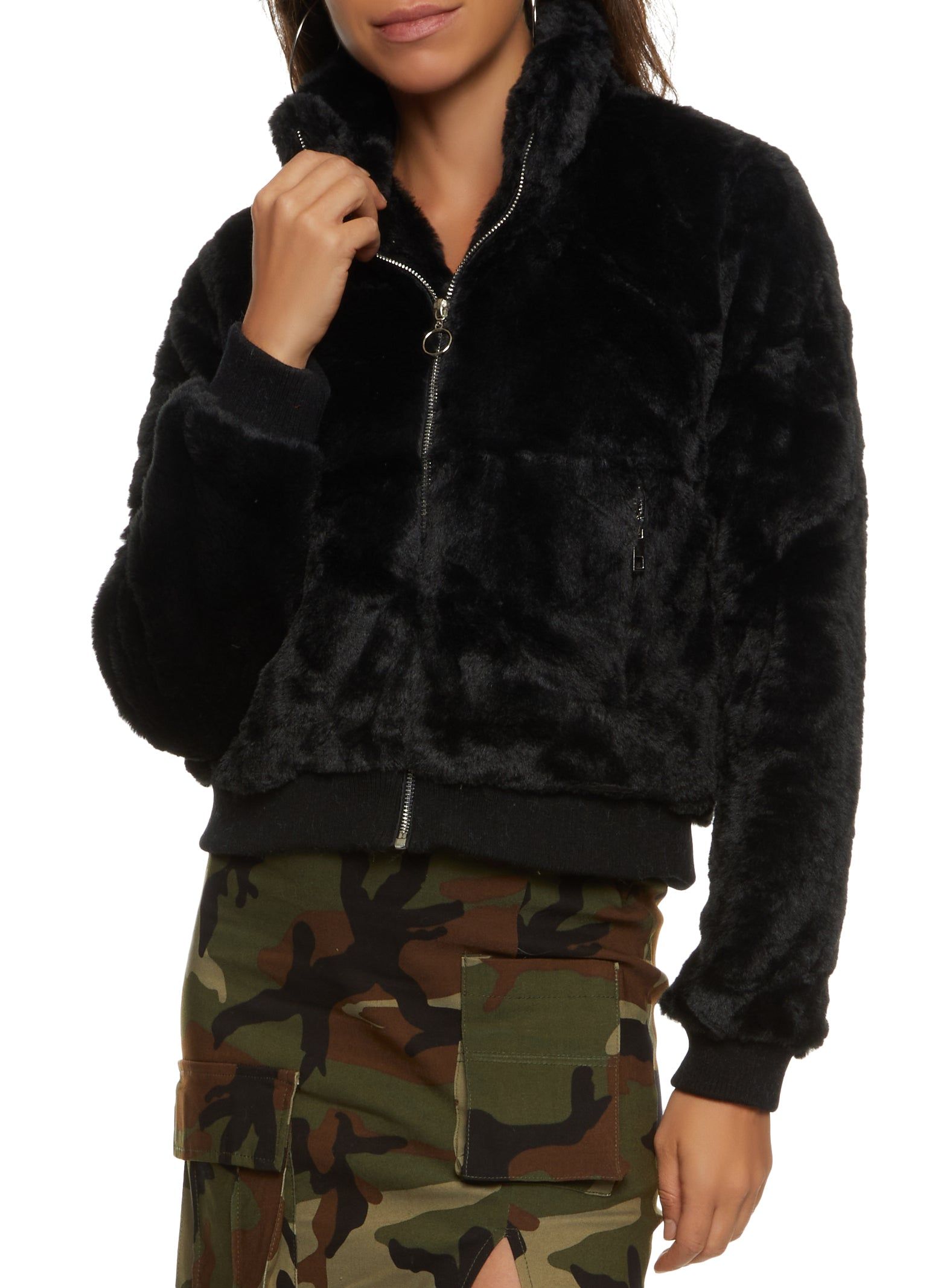 Faux Fur Zip Front Bomber Jacket sold by Rainbow