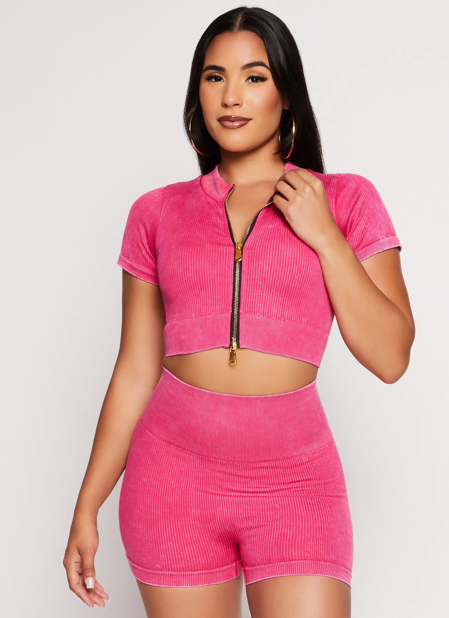 Daisy Seamless Ribbed Zip Front Short Sleeve Crop Top sold by Rainbow