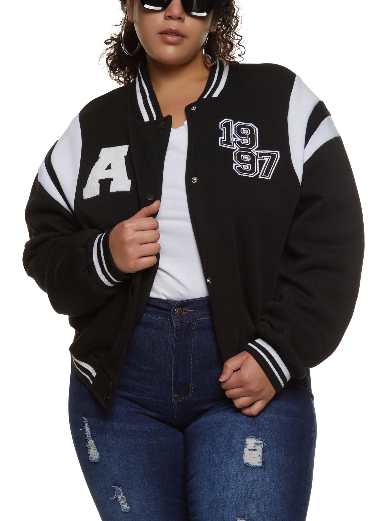 Plus Size Chenille Patch Letterman Jacket sold by Rainbow