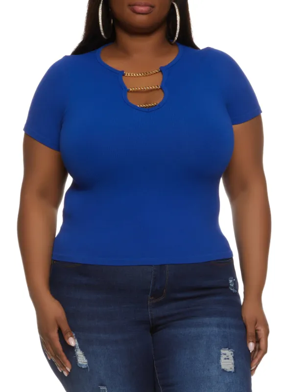 Plus Size Ribbed Chain Caged V Neck Tee sold by Rainbow