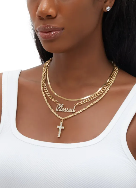 Blessed Cross Layered Necklace with Stud Earring Trio Set sold by Rainbow