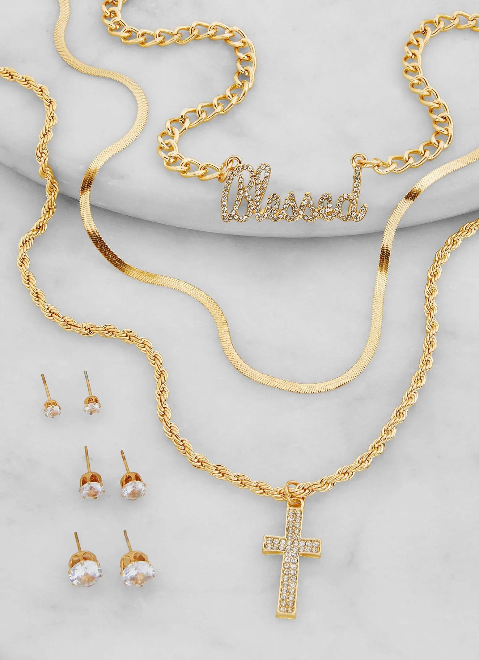 Blessed Cross Layered Necklace with Stud Earring Trio Set sold by Rainbow product image thumbnail 2