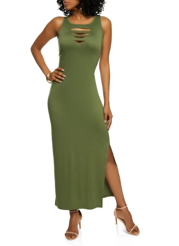 Laser Cut Front Side Slit Tank Maxi Dress sold by Rainbow
