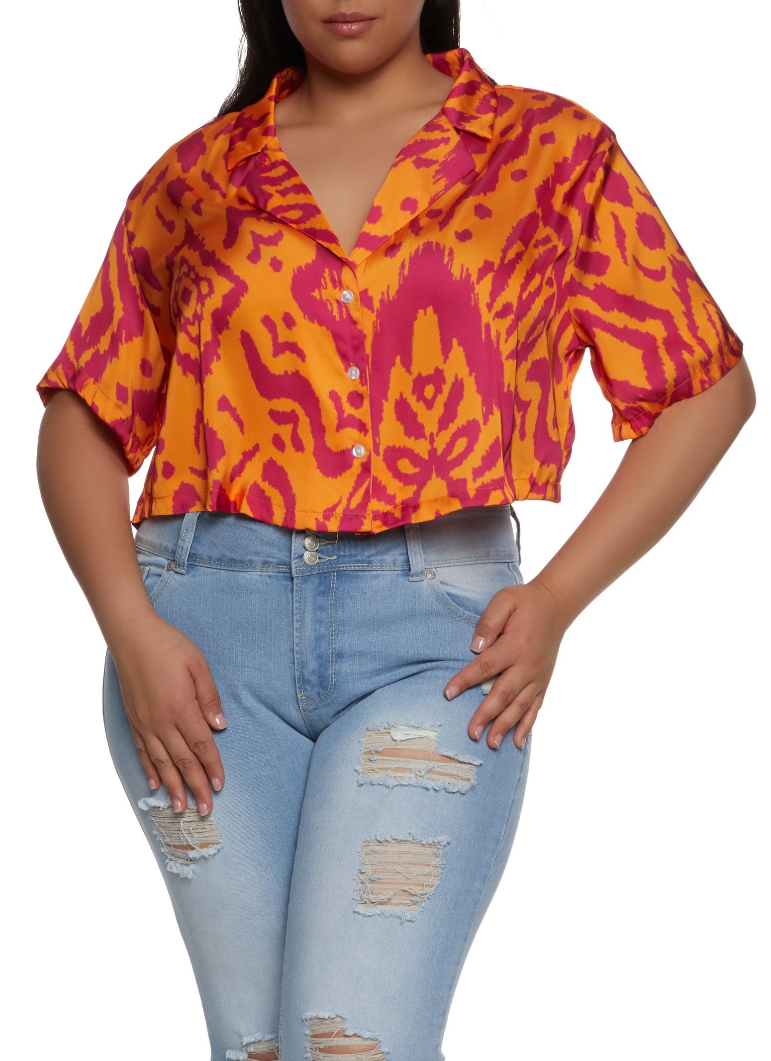 Plus Size Printed Satin Cropped Shirt sold by Rainbow