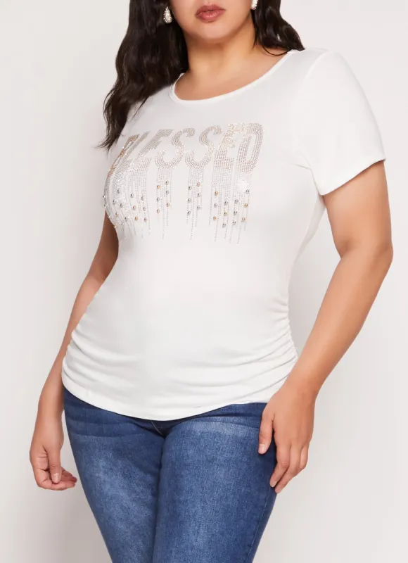 Plus Size Blessed Rhinestone Beaded Graphic Tee sold by Rainbow