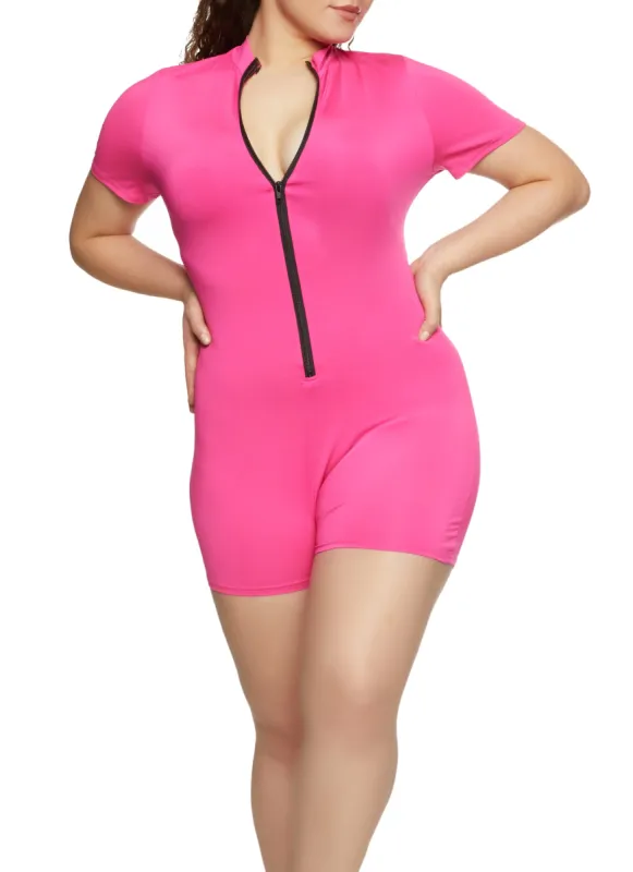 Plus Size Zip Front Short Sleeve Romper sold by Rainbow