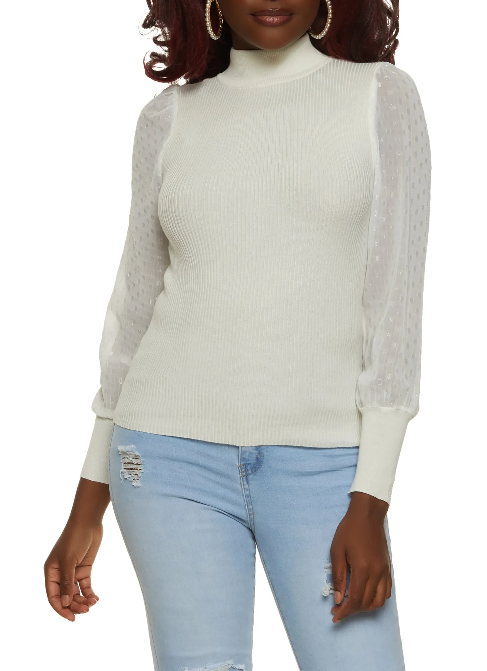 Swiss Dot Lurex Sleeve Mock Neck Sweater sold by Rainbow