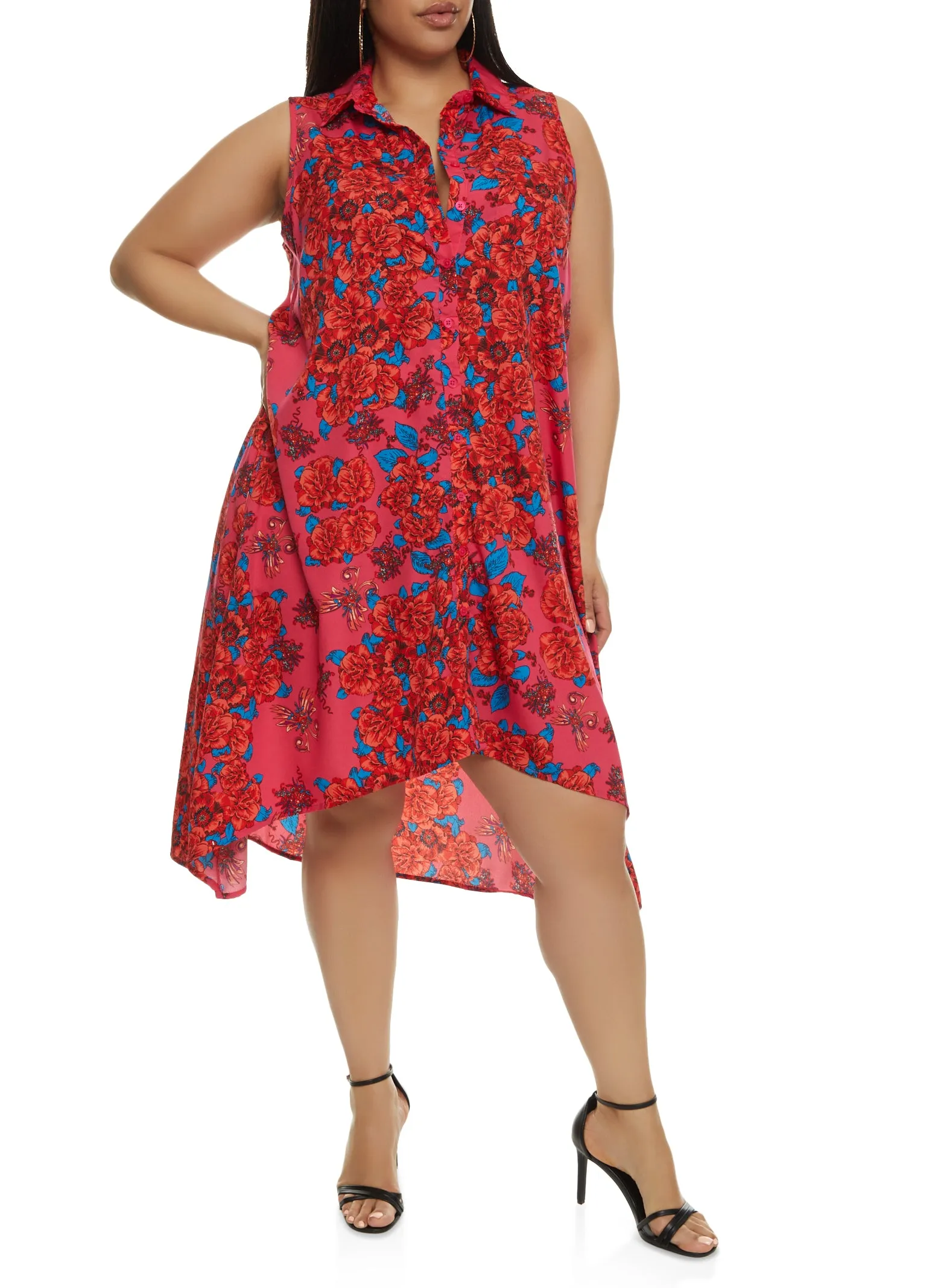 Plus Size Floral Print Sleeveless Button Front Shirt Dress sold by Rainbow product image thumbnail 2