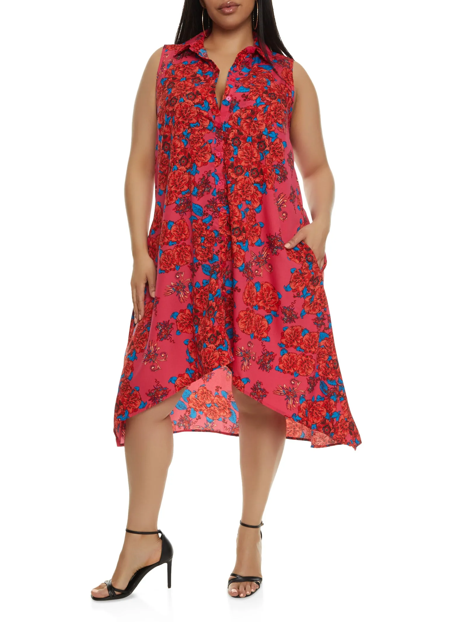Plus Size Floral Print Sleeveless Button Front Shirt Dress sold by Rainbow