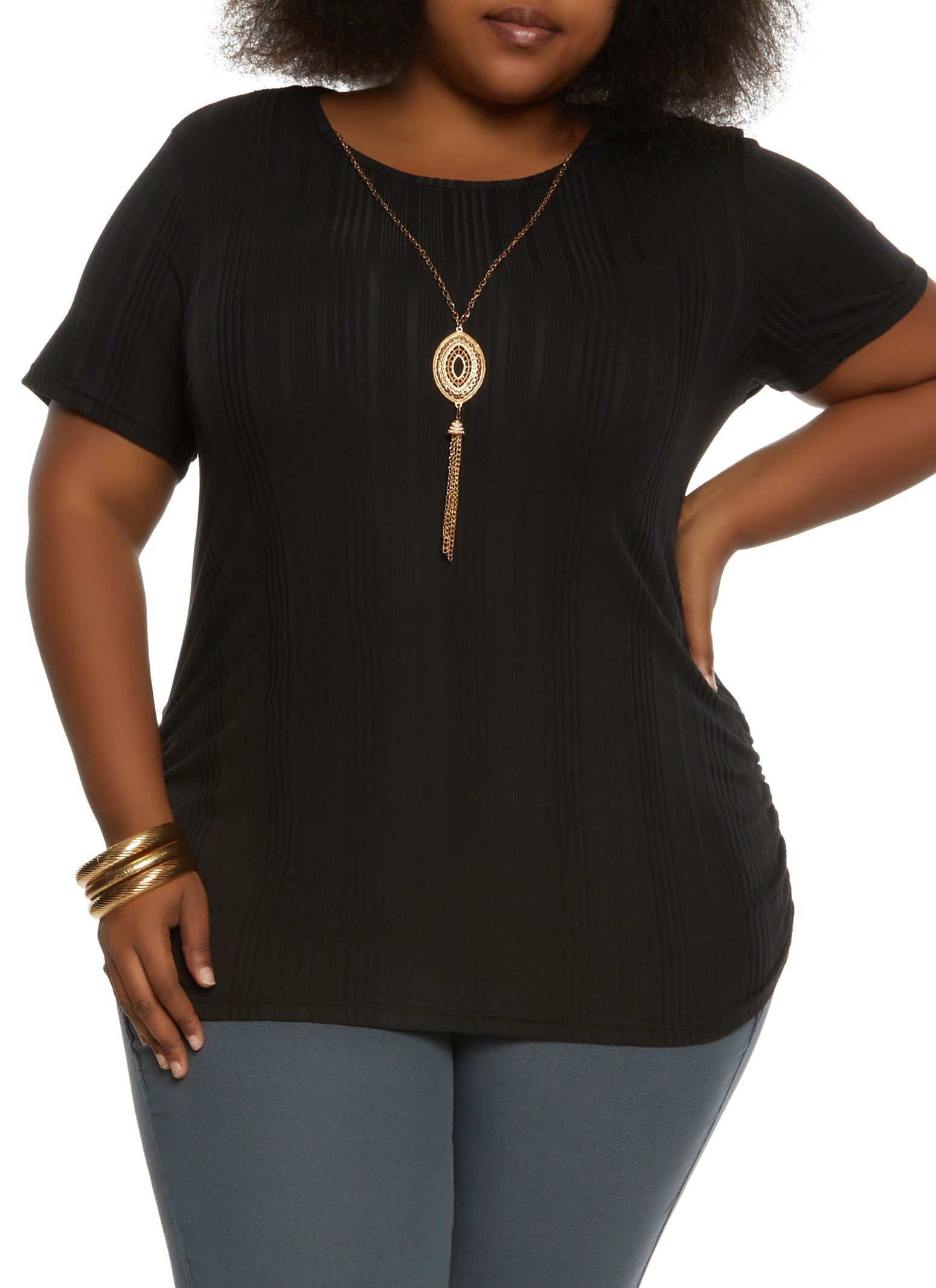 Plus Size Rib Knit Ruched Side Top with Necklace sold by Rainbow