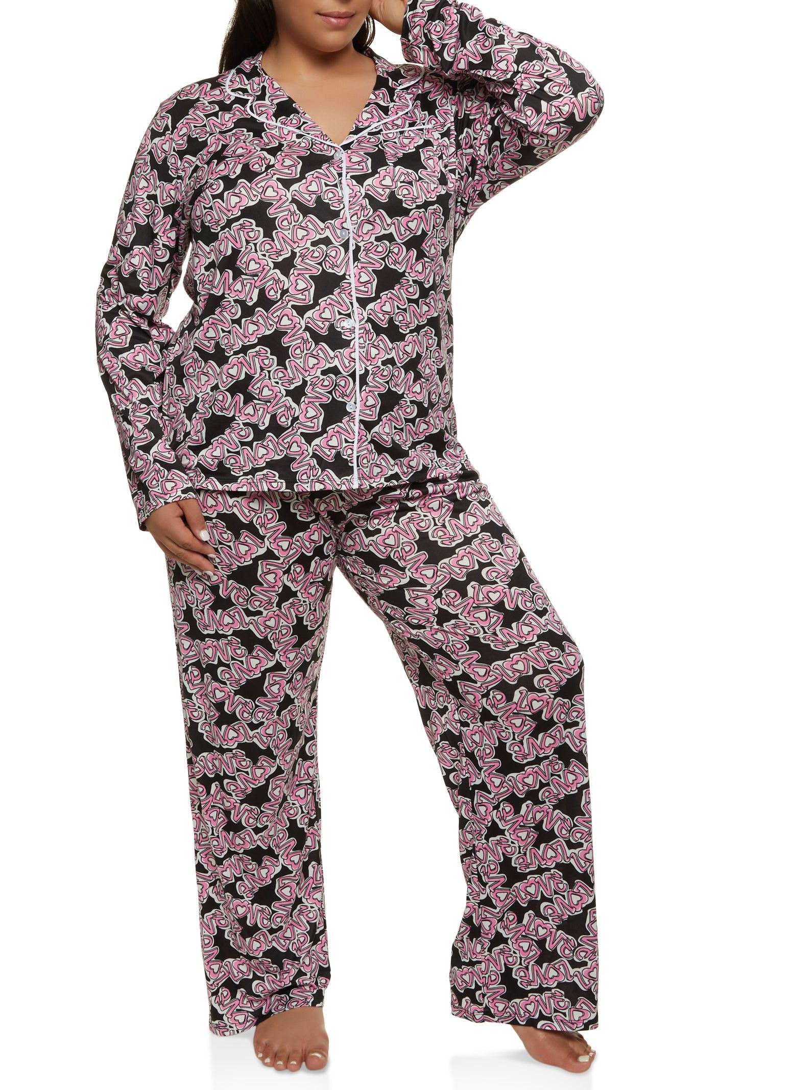 Plus Size Love Print Long Sleeve Pajama Top and Pants sold by Rainbow