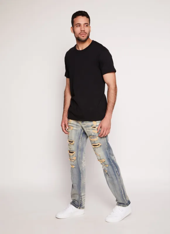 Mens Acid Wash Patch and Repair Skinny Leg Jeans made by Rainbow
