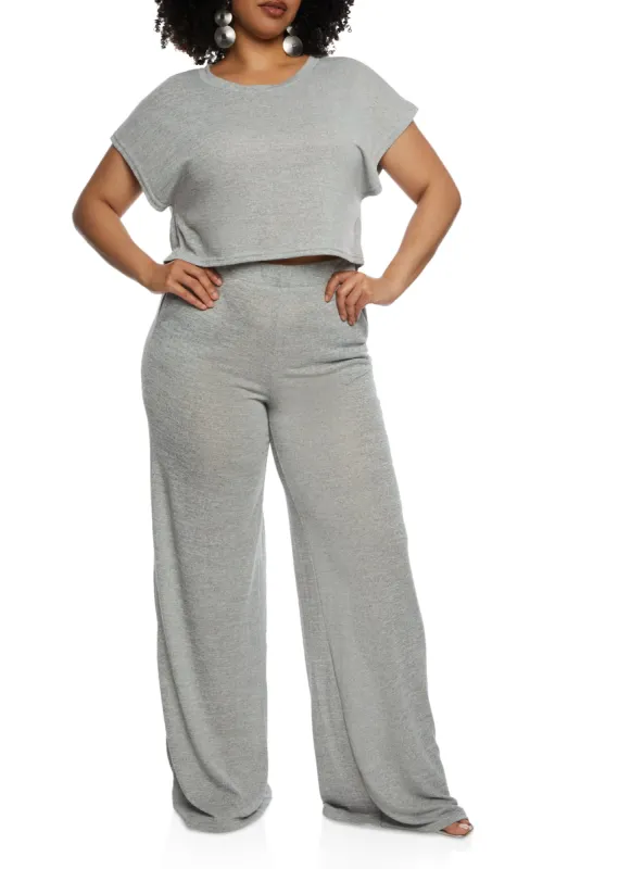 Plus Size Daisy Brushed Knit High Waist Wide Leg Pants sold by Rainbow