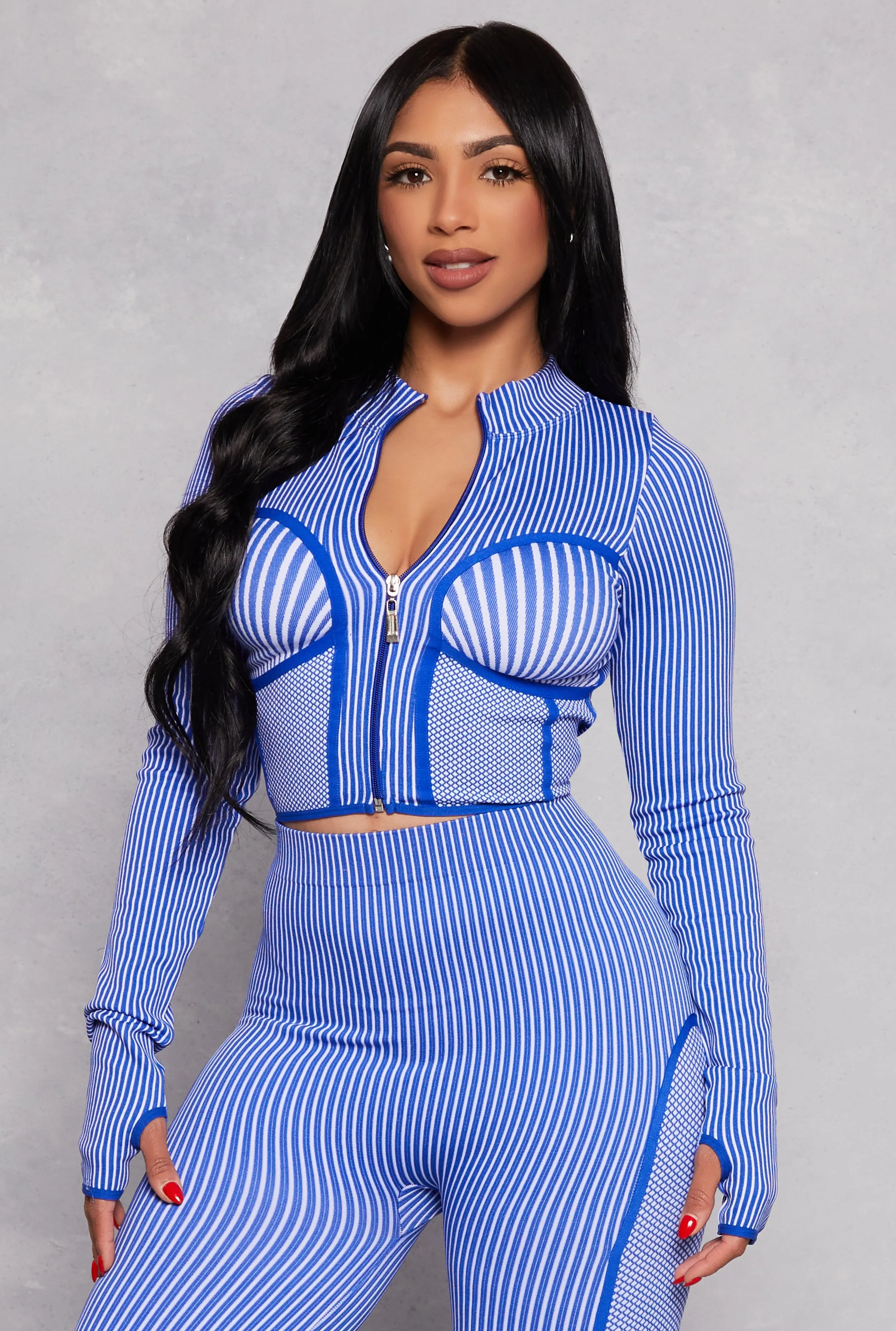 Seamless Rib Knit Striped Zip Front Track Jacket sold by Rainbow