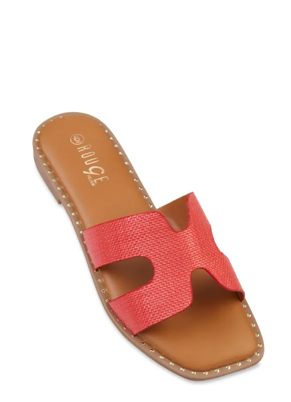 Studded Trim Straw Cut Out Band Slide Sandals sold by Rainbow