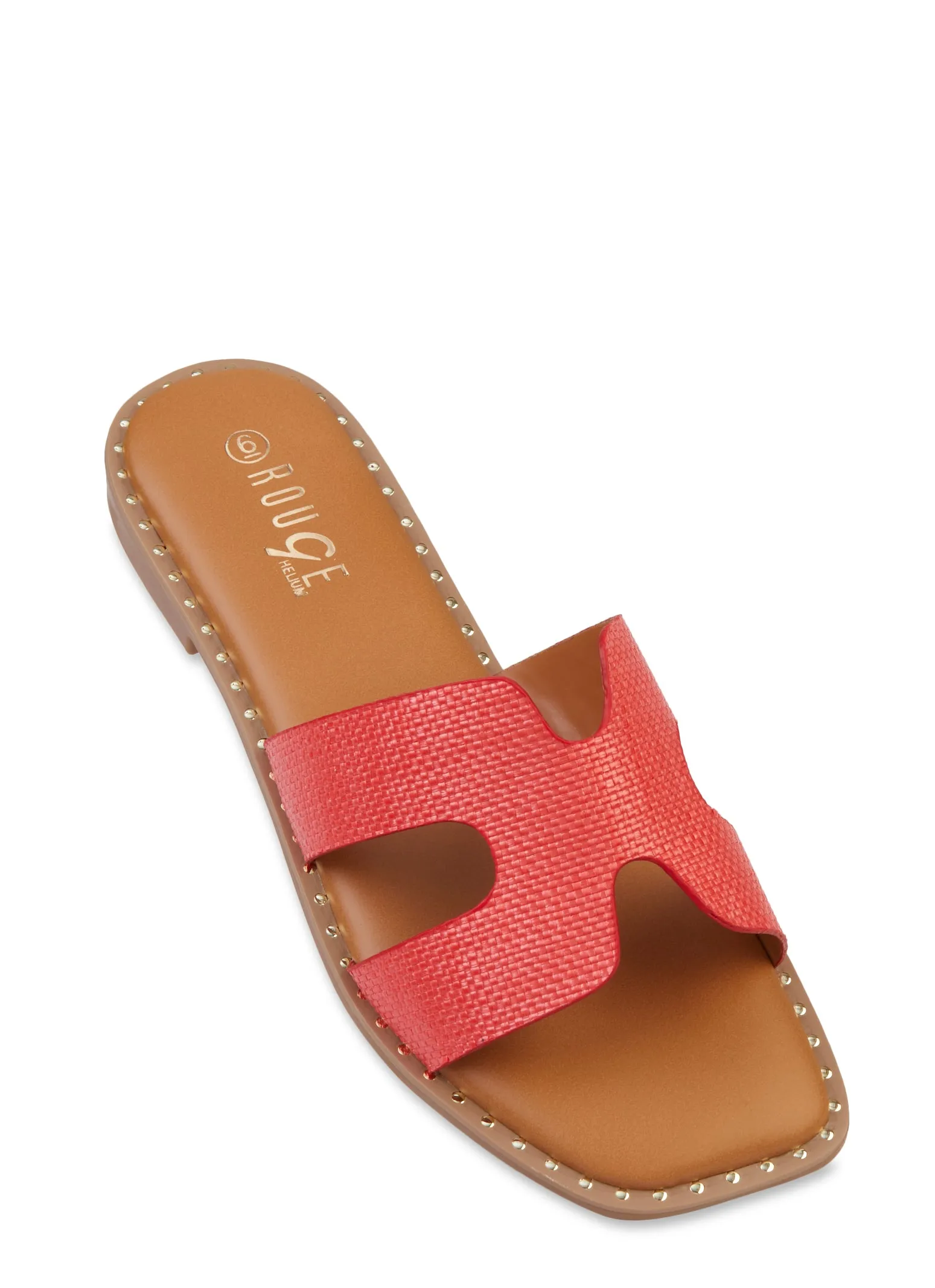 Studded Trim Straw Cut Out Band Slide Sandals sold by Rainbow