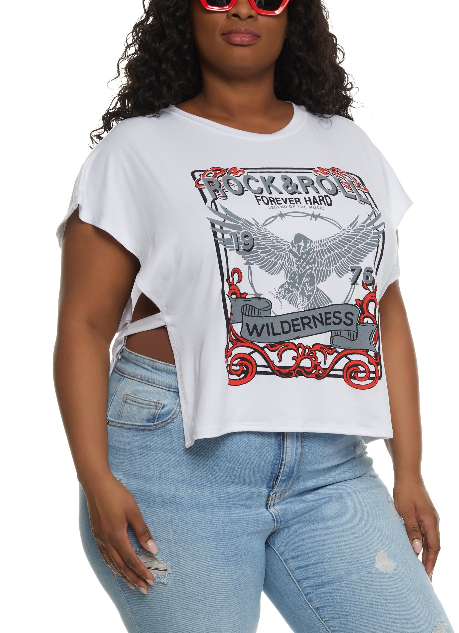 Plus Size Rock and Roll Open Side Graphic Tee sold by Rainbow