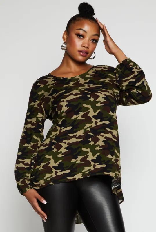 Plus Size Camo Long Sleeve High Low Top sold by Rainbow