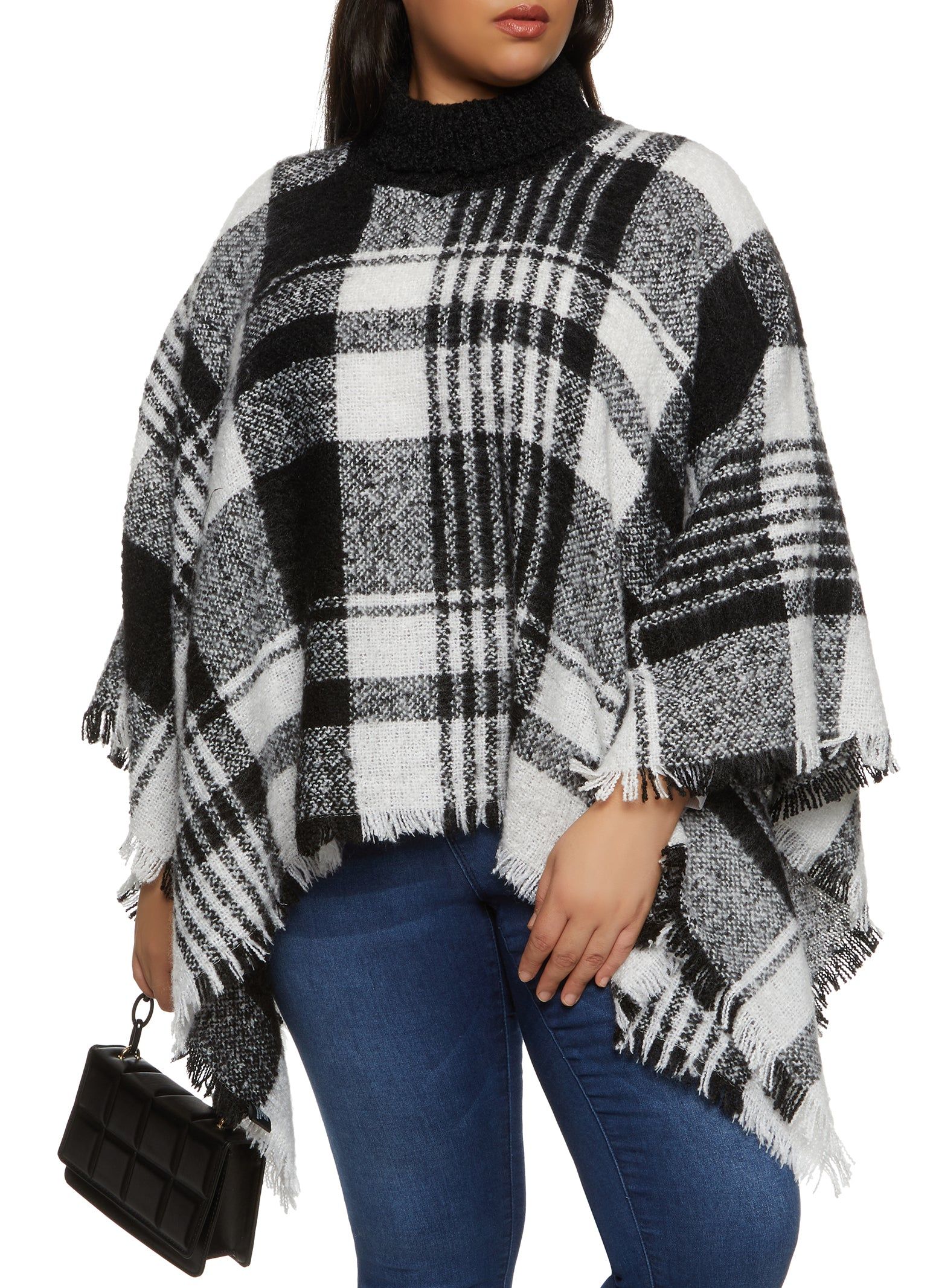 Plaid Turtleneck Frayed Hem Poncho sold by Rainbow