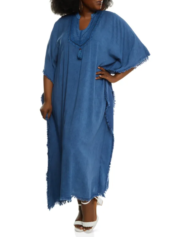 Plus Size Chambray Frayed Trim Shift Maxi Dress sold by Rainbow