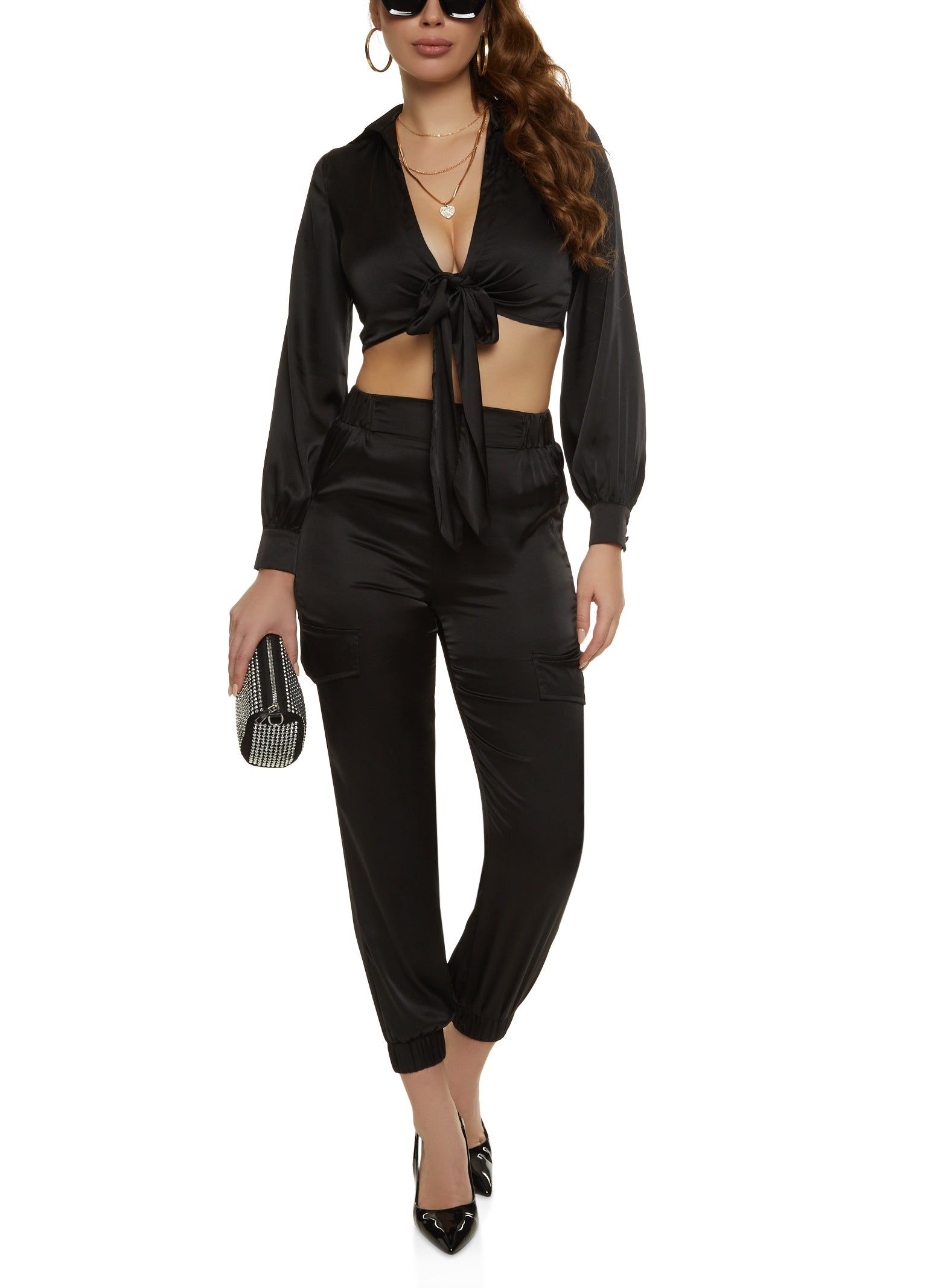 Satin Collared Tie Front Crop Top sold by Rainbow product image thumbnail 2