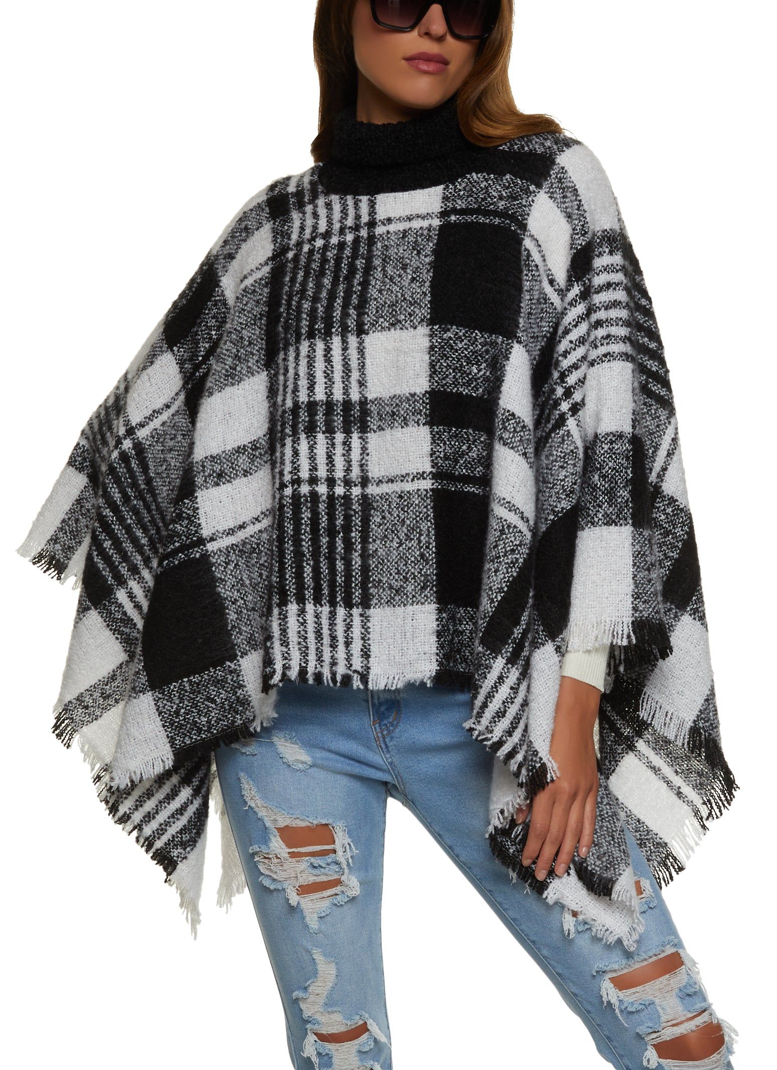 Plaid Turtleneck Frayed Hem Poncho sold by Rainbow product image thumbnail 3