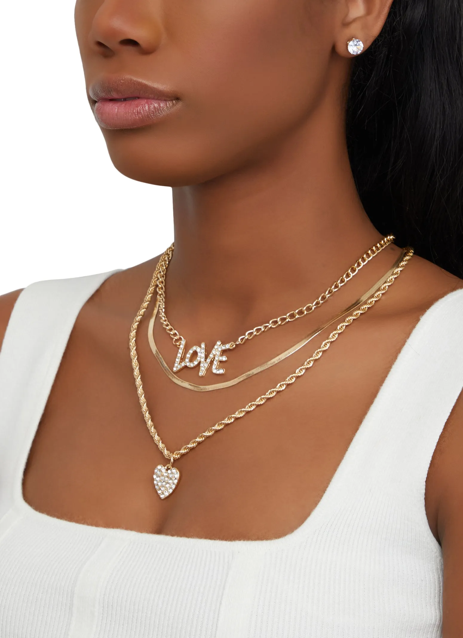 Love Rhinestone Layered Chain Necklace and Stud Earrings Trio sold by Rainbow product image thumbnail 2