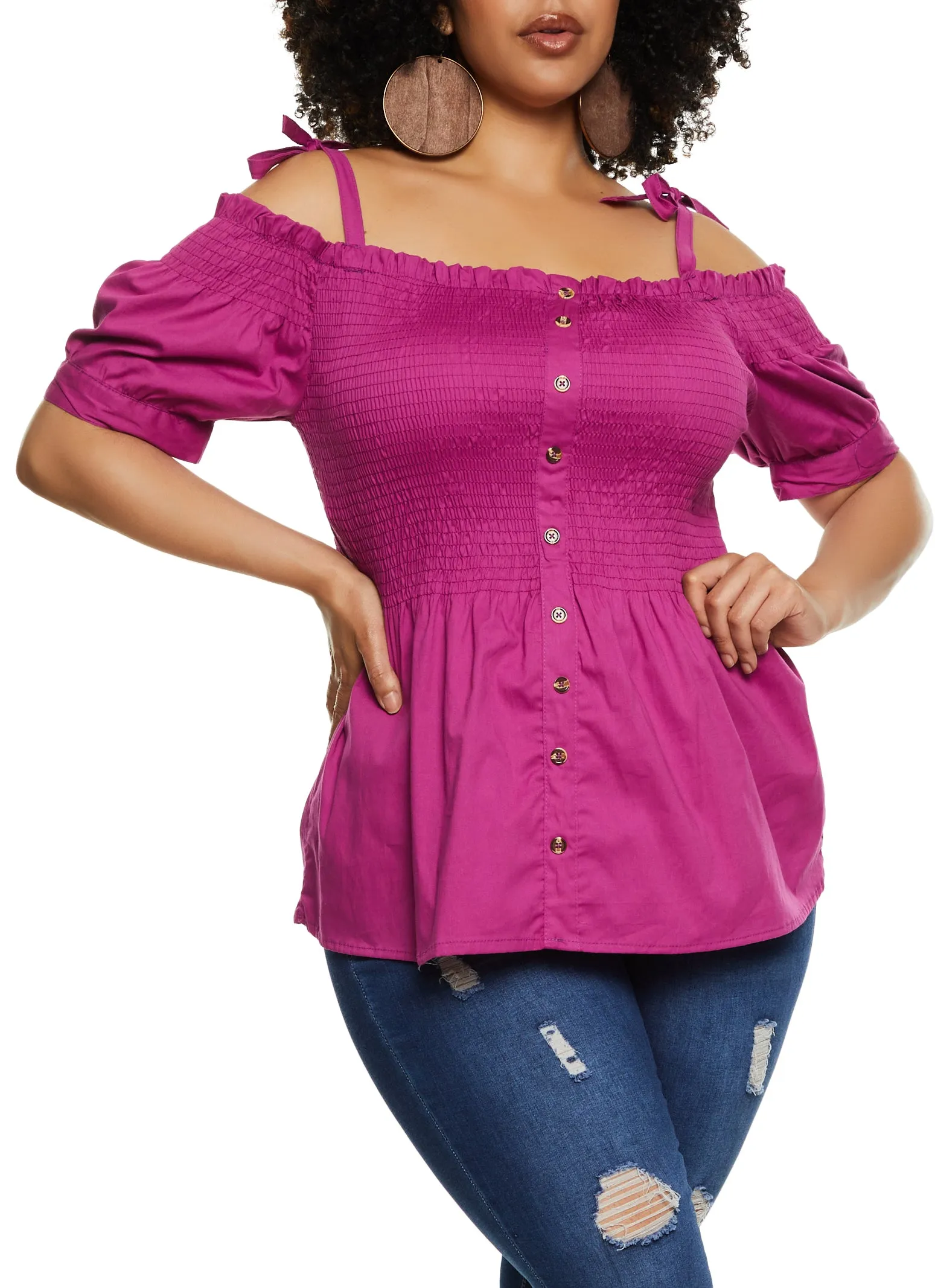 Plus Size Tie Strap Smocked Cold Shoulder Top sold by Rainbow