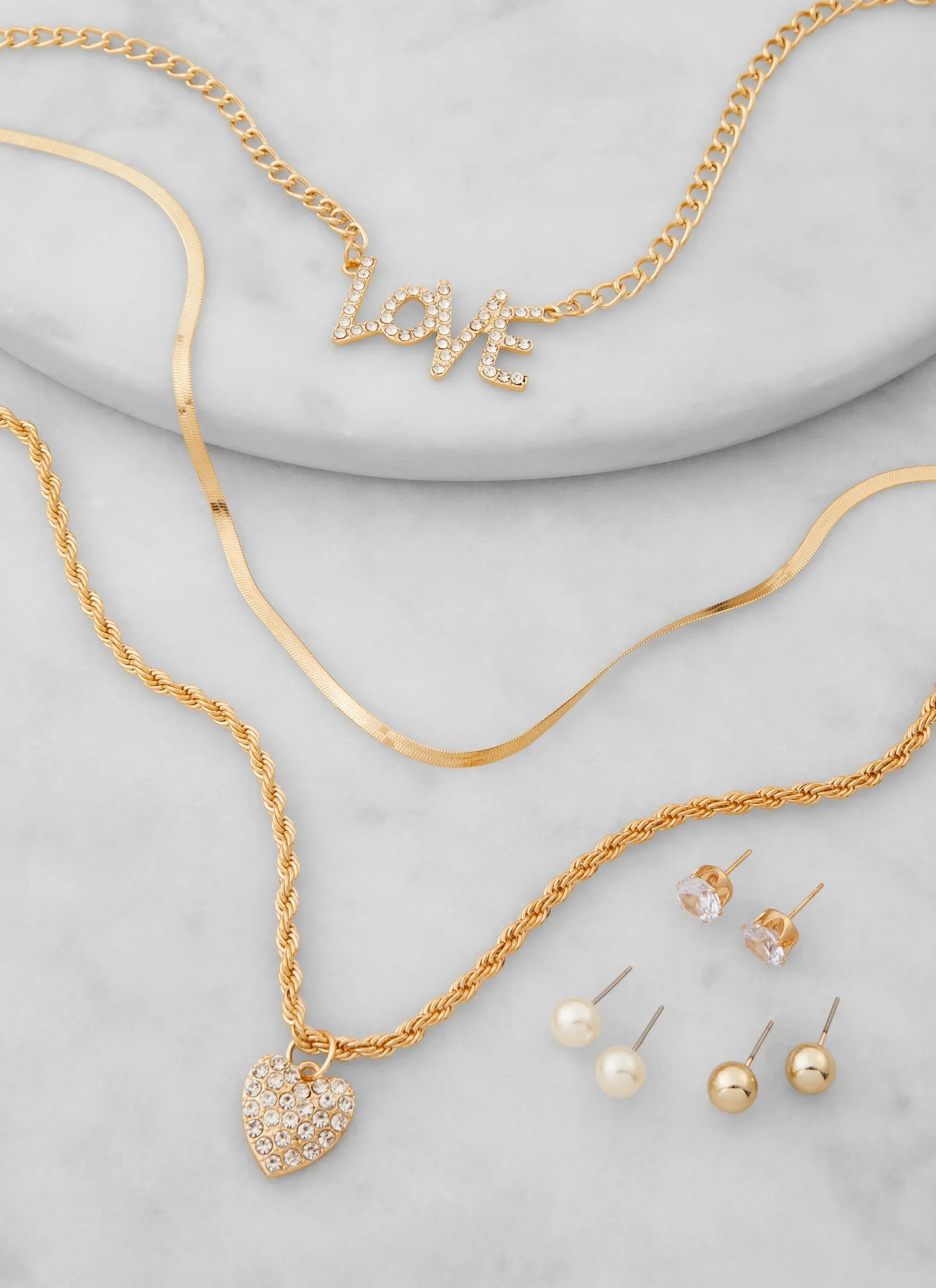 Love Rhinestone Layered Chain Necklace and Stud Earrings Trio sold by Rainbow