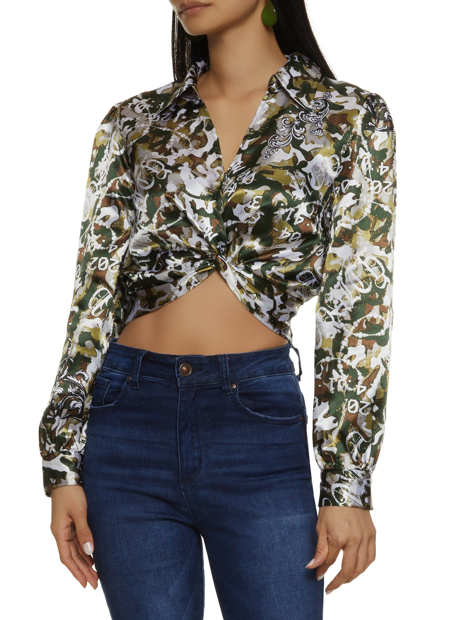 Satin Patterned Twist Front Crop Top sold by Rainbow