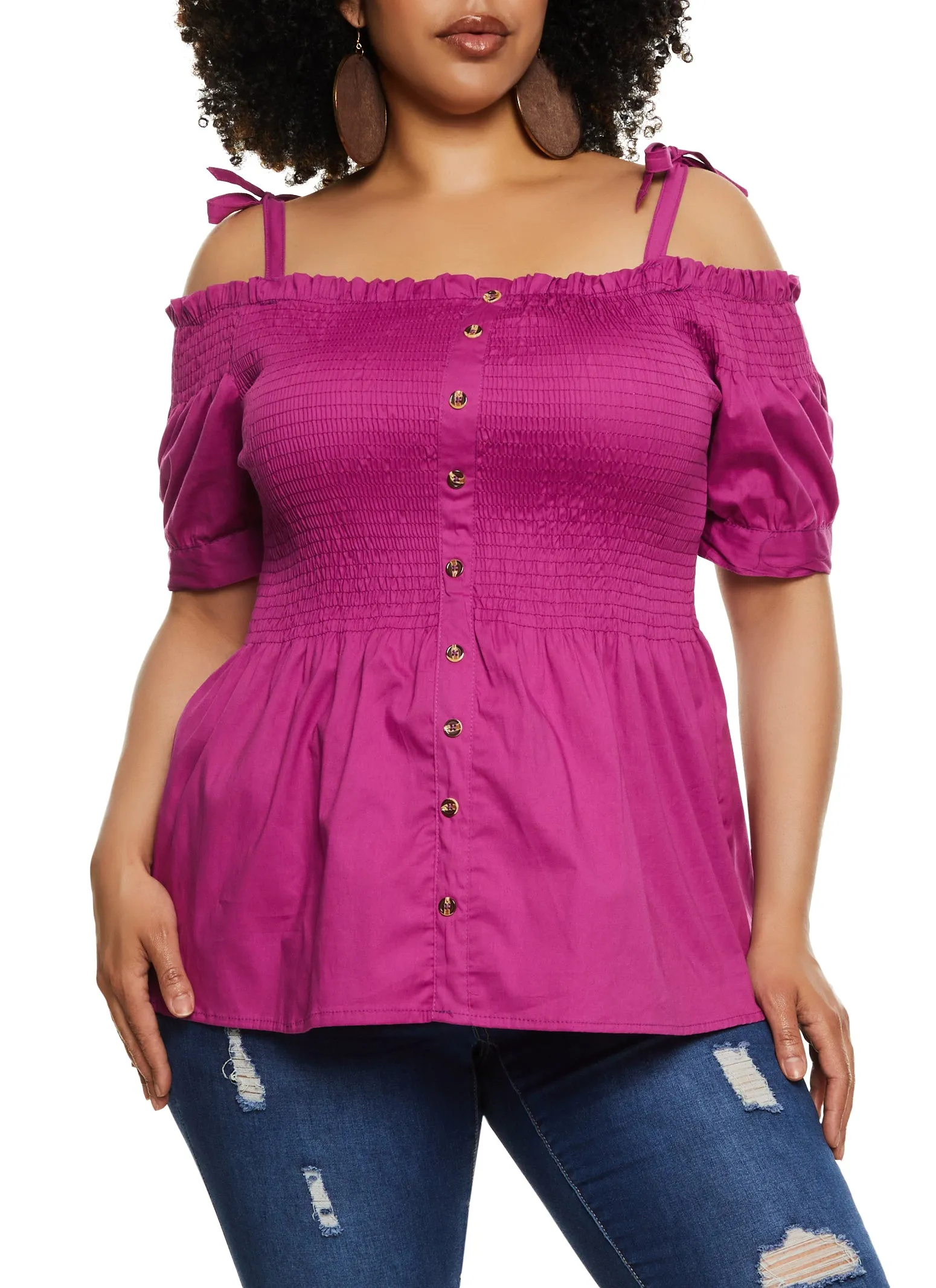 Plus Size Tie Strap Smocked Cold Shoulder Top sold by Rainbow product image thumbnail 2