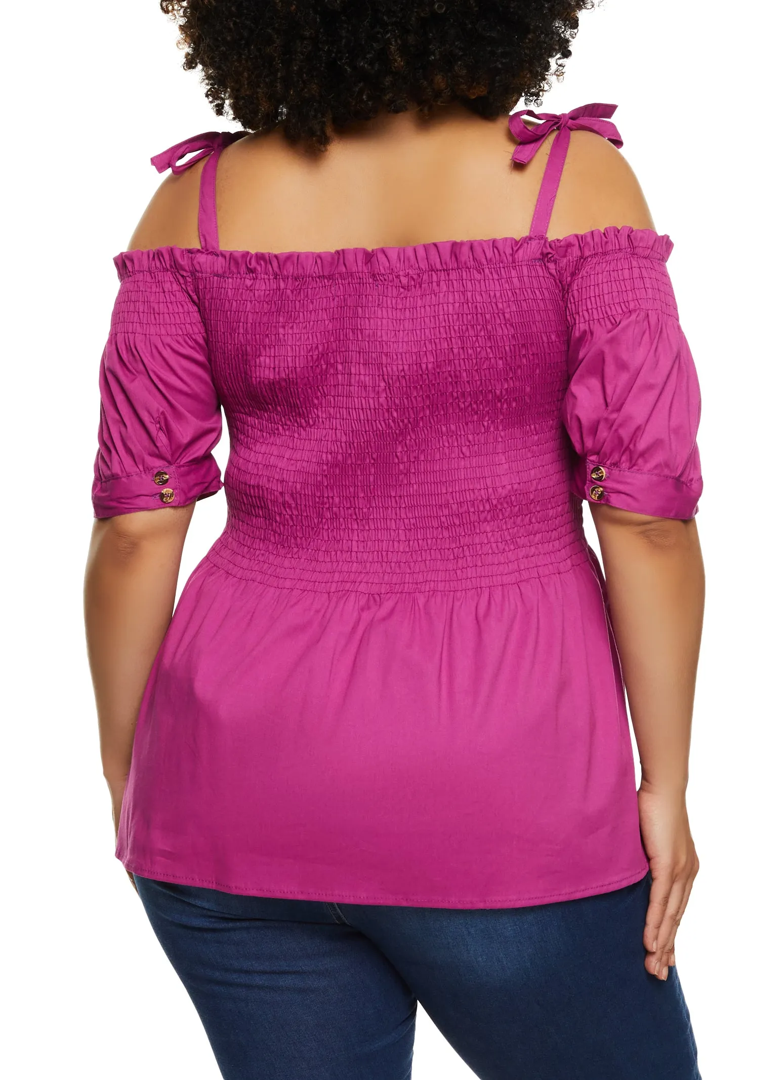 Plus Size Tie Strap Smocked Cold Shoulder Top sold by Rainbow product image thumbnail 3