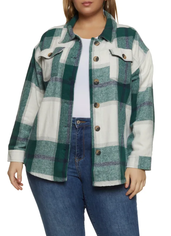 Plus Size Button Front Two Pocket Flannel Shirt sold by Rainbow