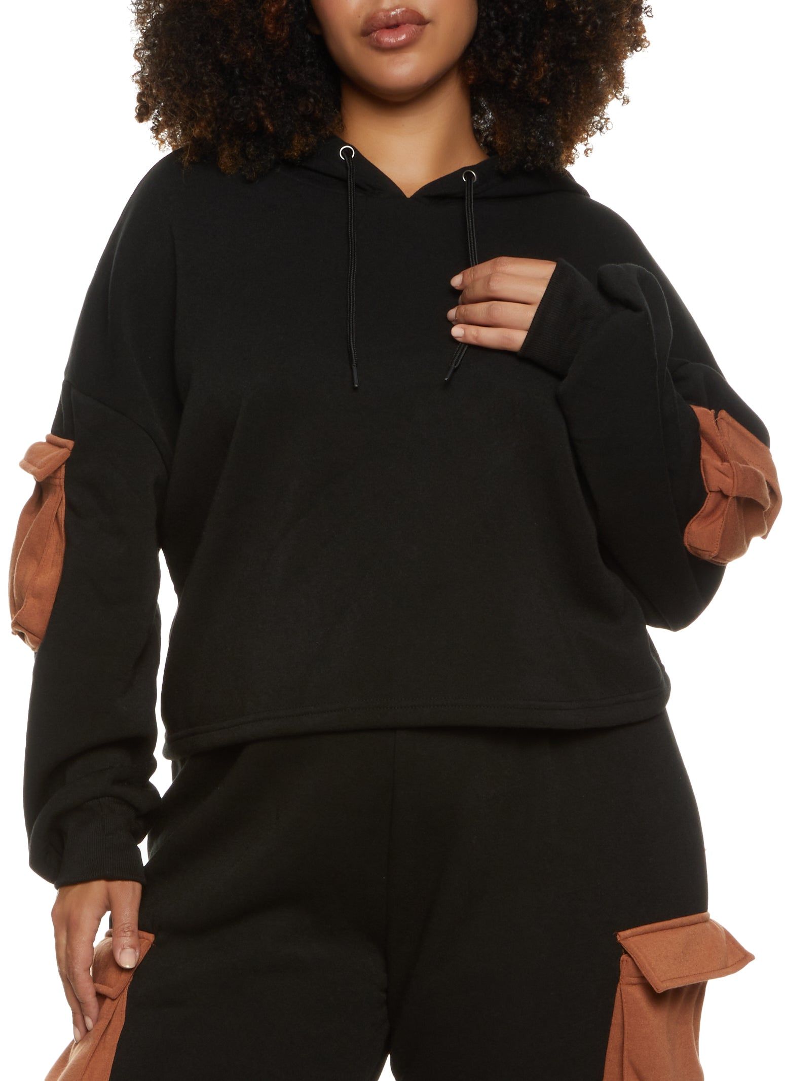 Plus Size Color Block Cargo Pocket Cropped Hoodie sold by Rainbow
