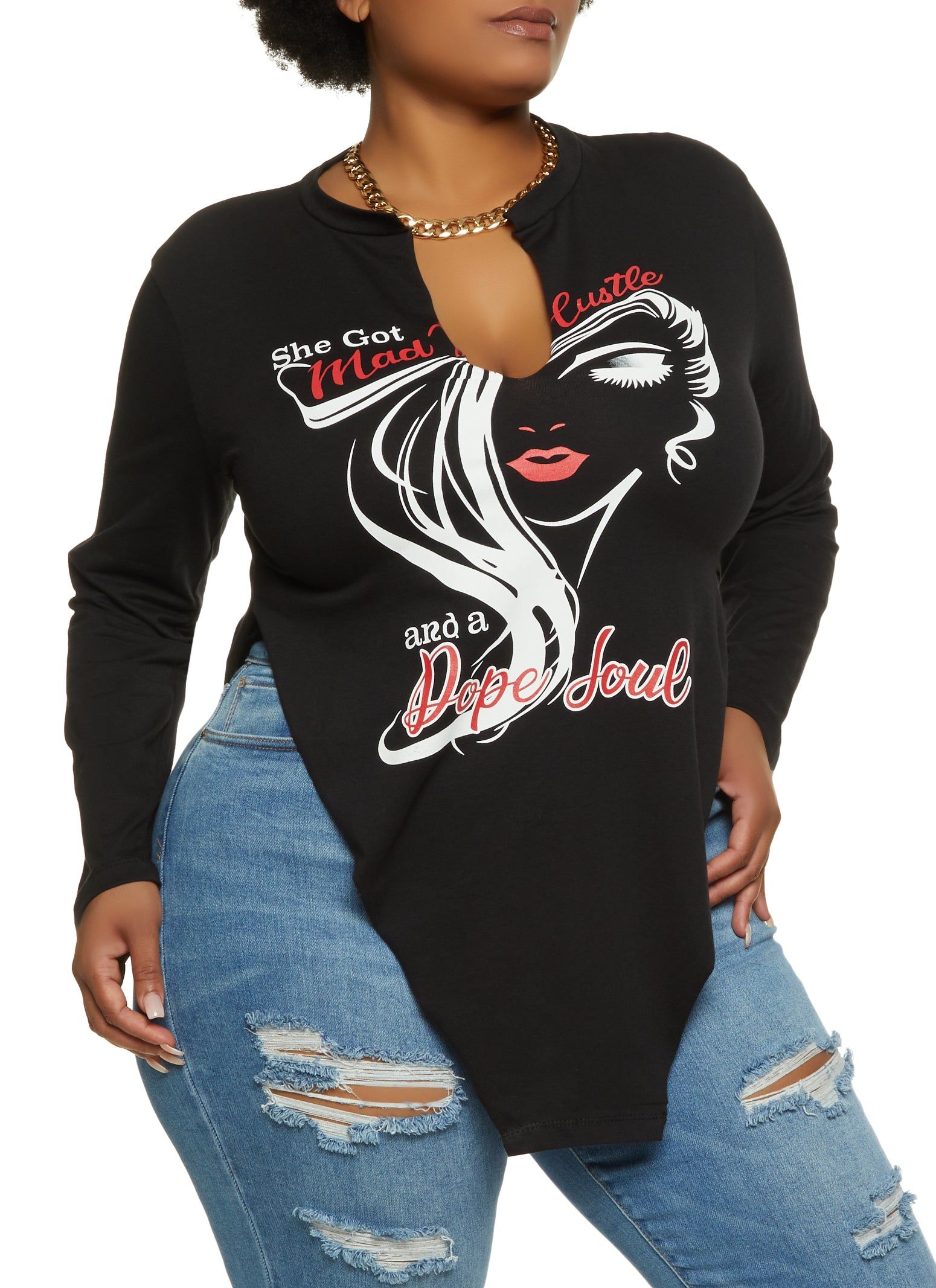 Plus Size Dope Soul Hanky Hem Long Sleeve Graphic Tee sold by Rainbow