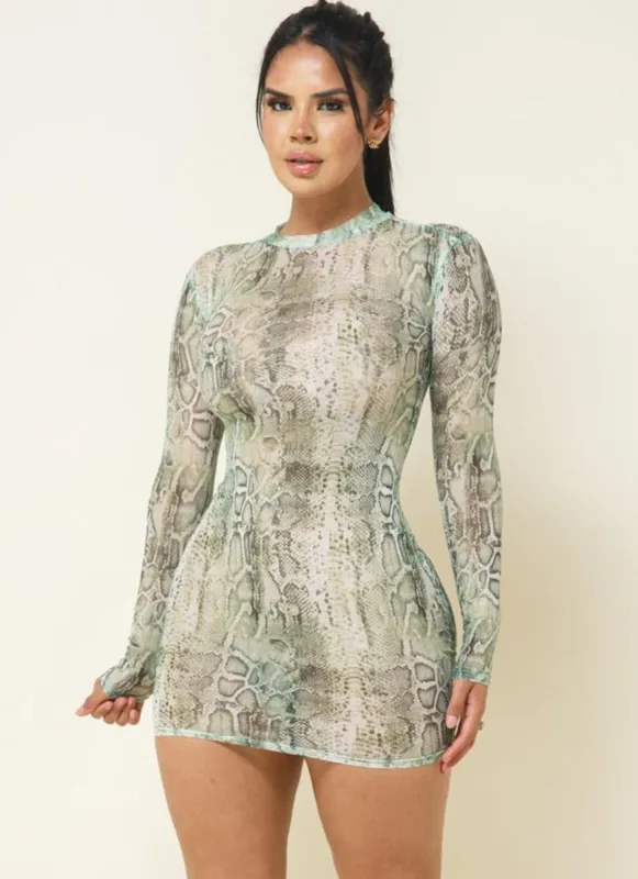 Snakeskin Print Mesh Long Sleeve Dress sold by Rainbow