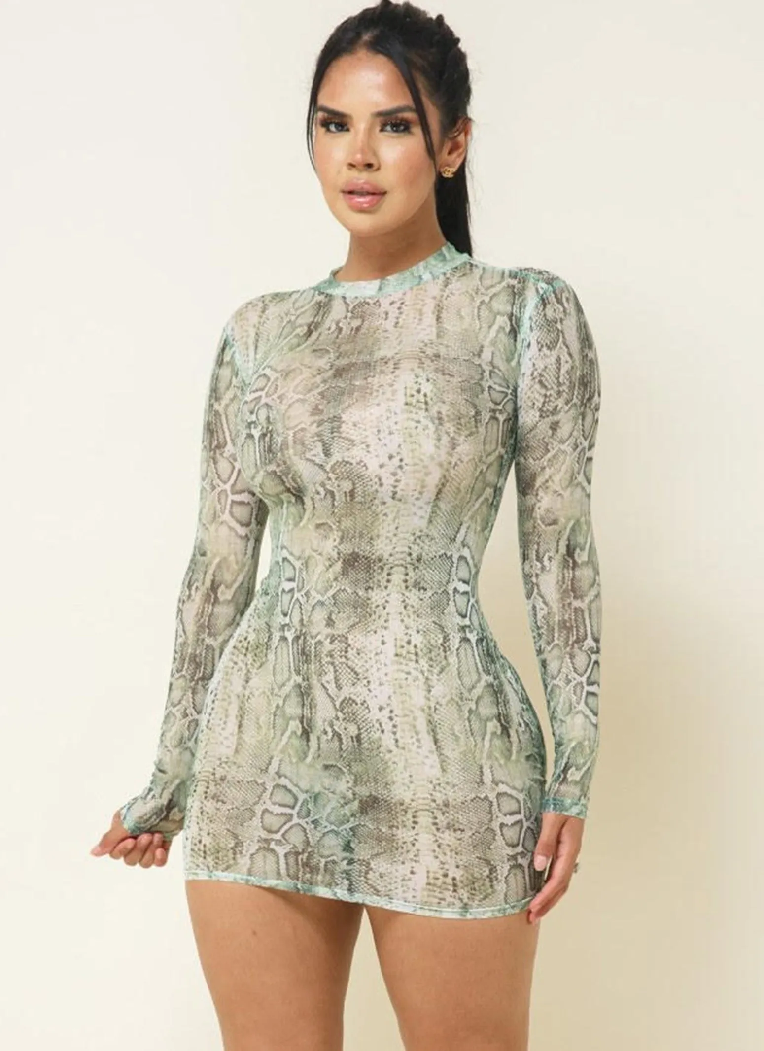 Snakeskin Print Mesh Long Sleeve Dress sold by Rainbow