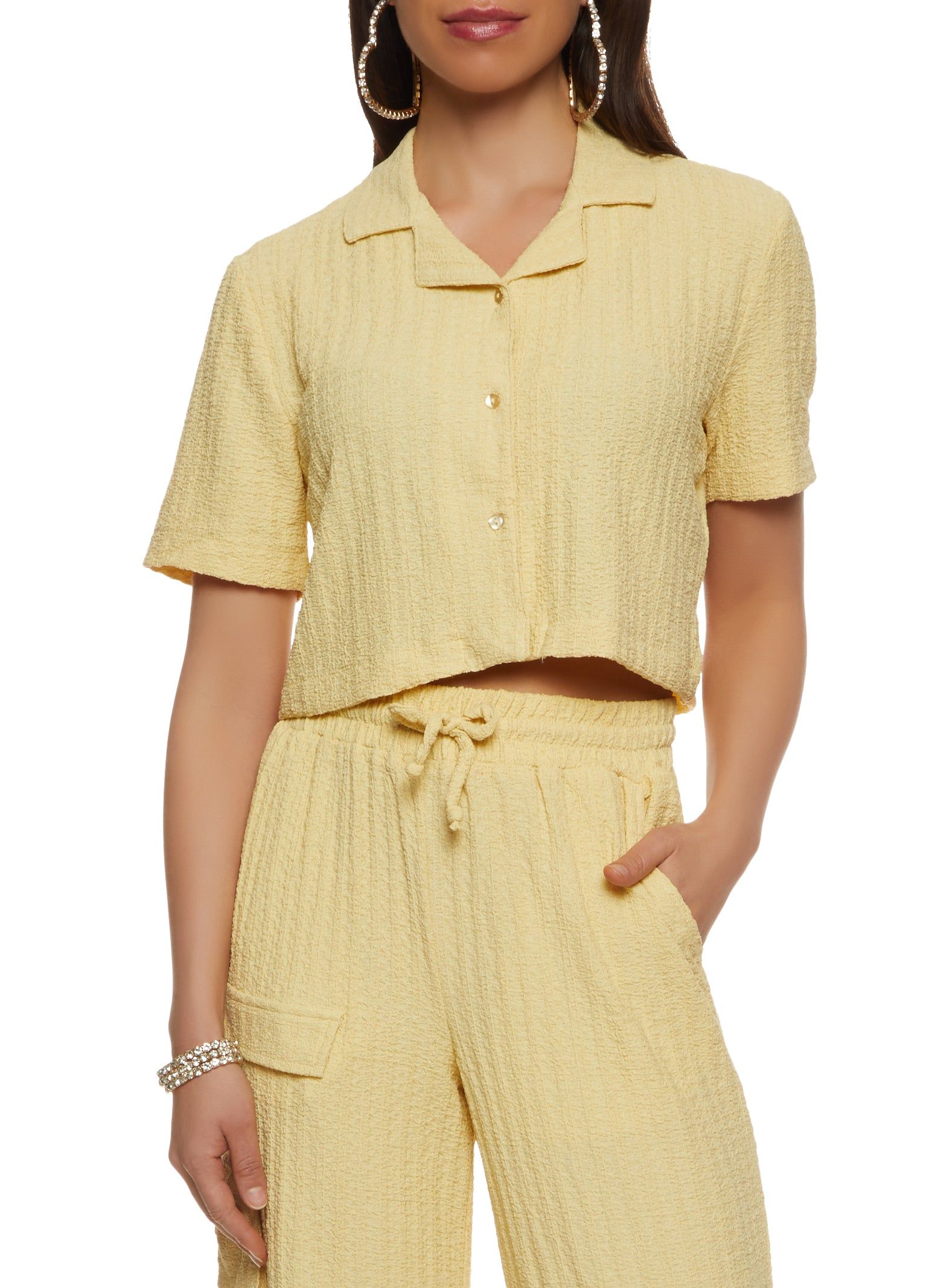 Textured Knit Short Sleeve Button Front Shirt sold by Rainbow