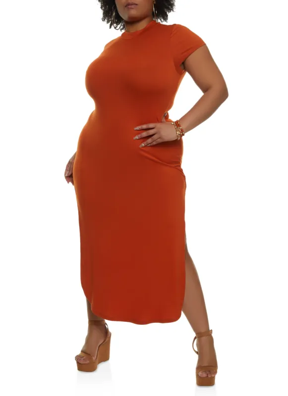 Plus Size Side Slit Mock Neck Maxi Dress sold by Rainbow