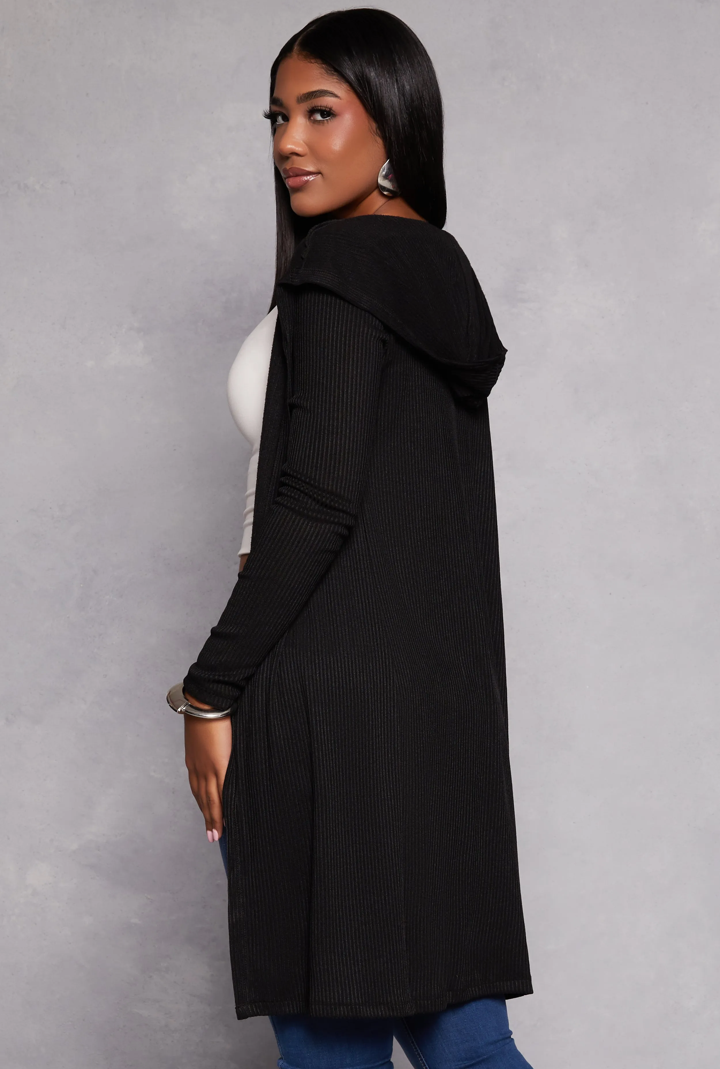 Rib Knit Hooded Long Cardigan sold by Rainbow product image thumbnail 3