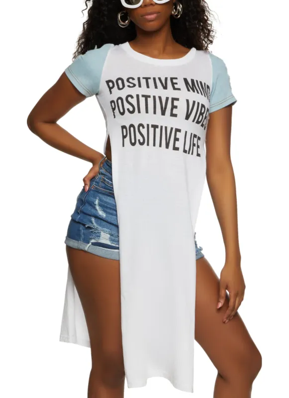 Denim Sleeve Positive Life Graphic Maxi Tee sold by Rainbow