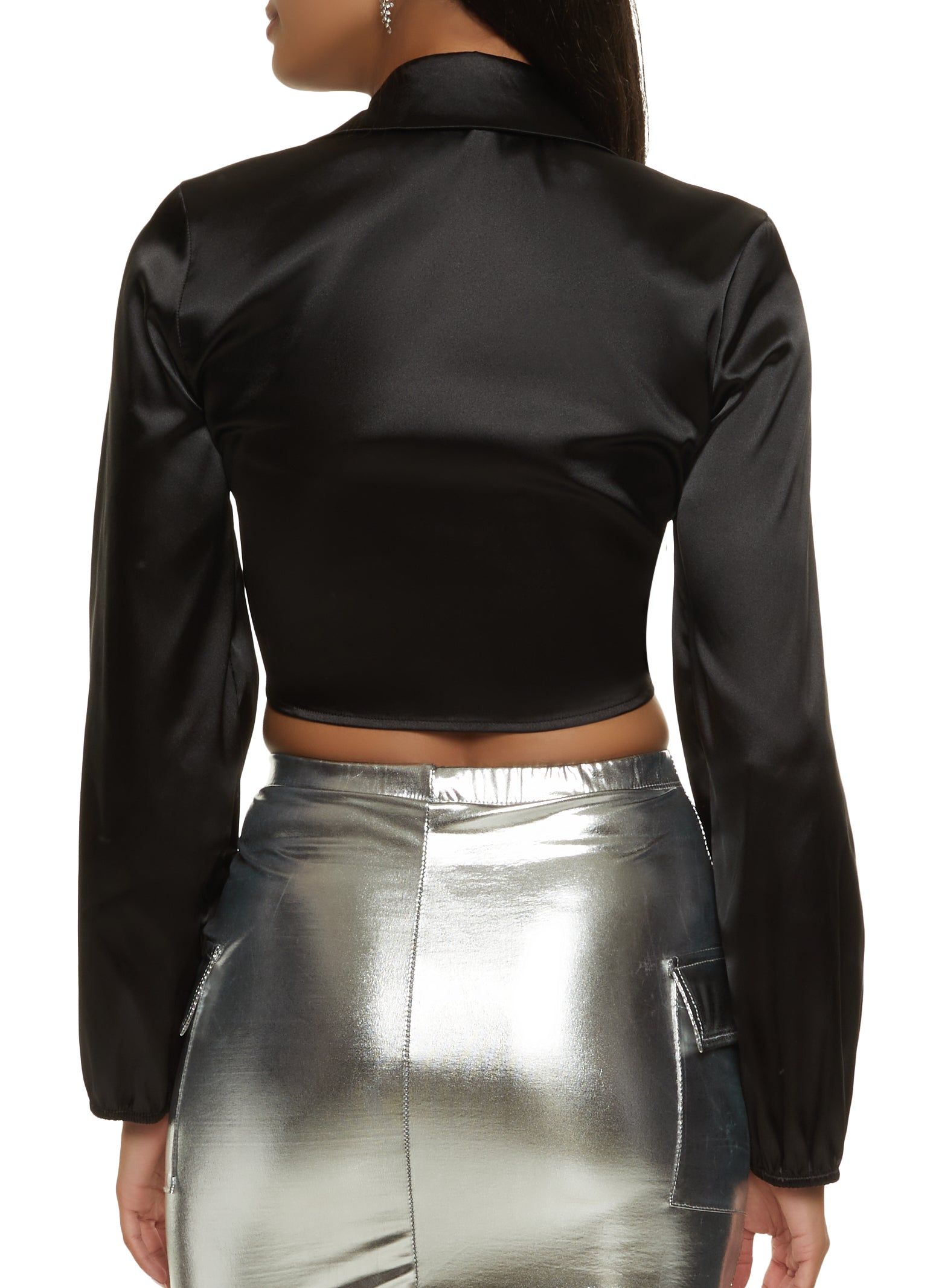 Satin Puff Sleeve Tie Front Crop Top sold by Rainbow product image thumbnail 2
