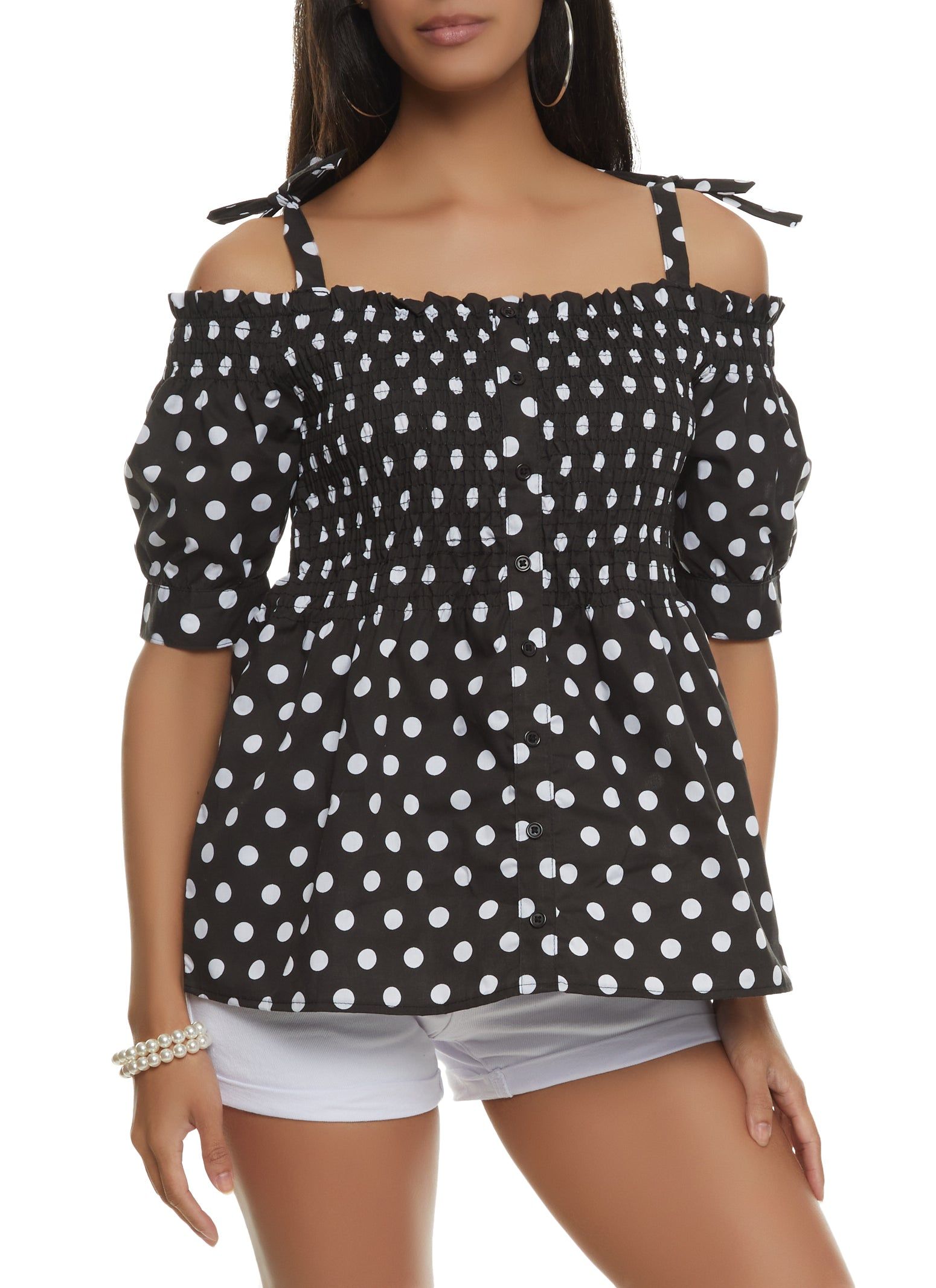 Polka Dot Smocked Cold Shoulder Top sold by Rainbow