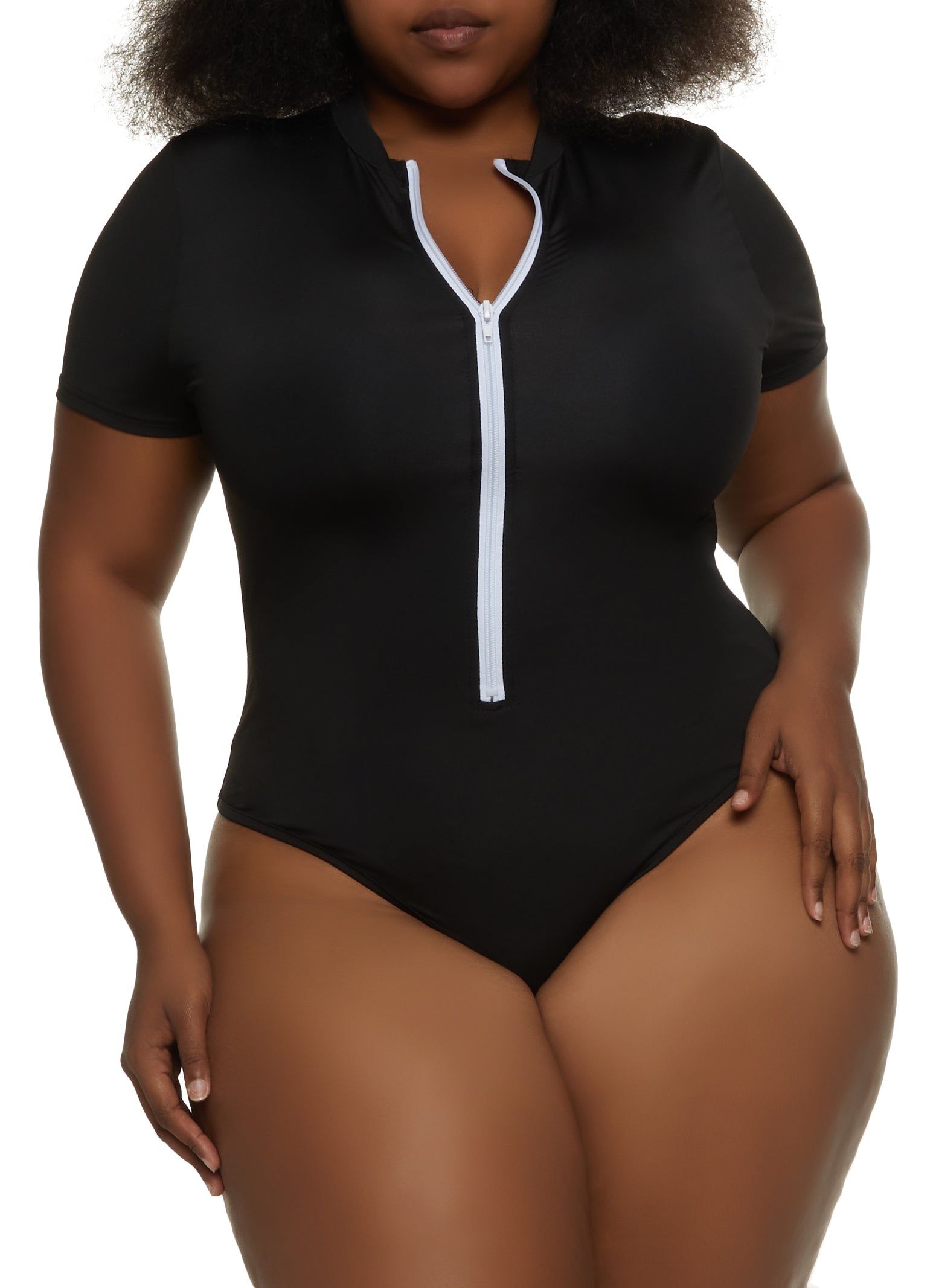 Plus Size Zip Front Mock Neck Bodysuit sold by Rainbow