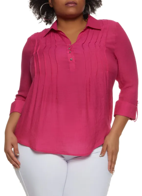 Plus Size Pleated Detail Long Sleeve Shirt sold by Rainbow