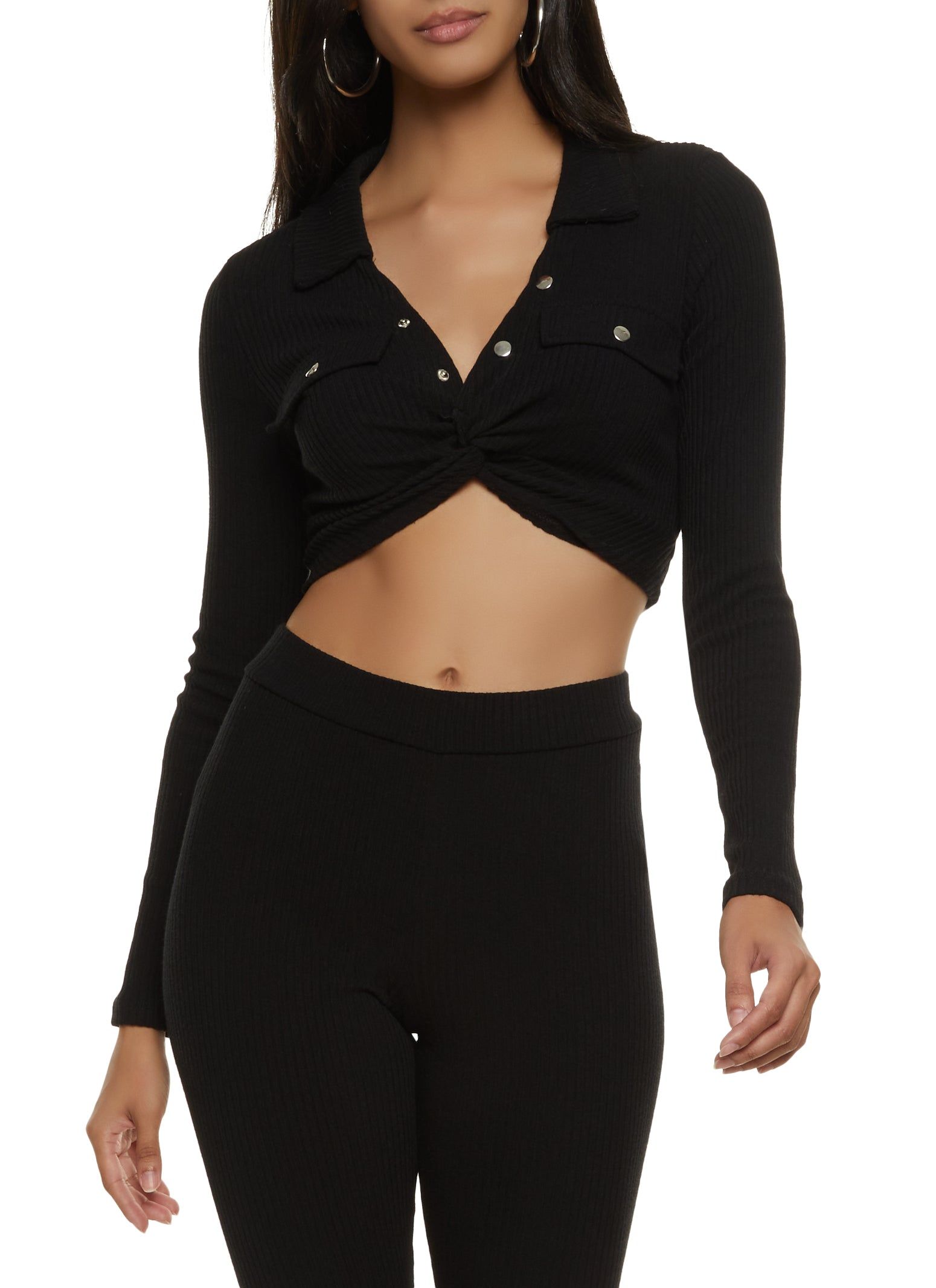 Rib Knit Collared Twist Front Crop Top sold by Rainbow