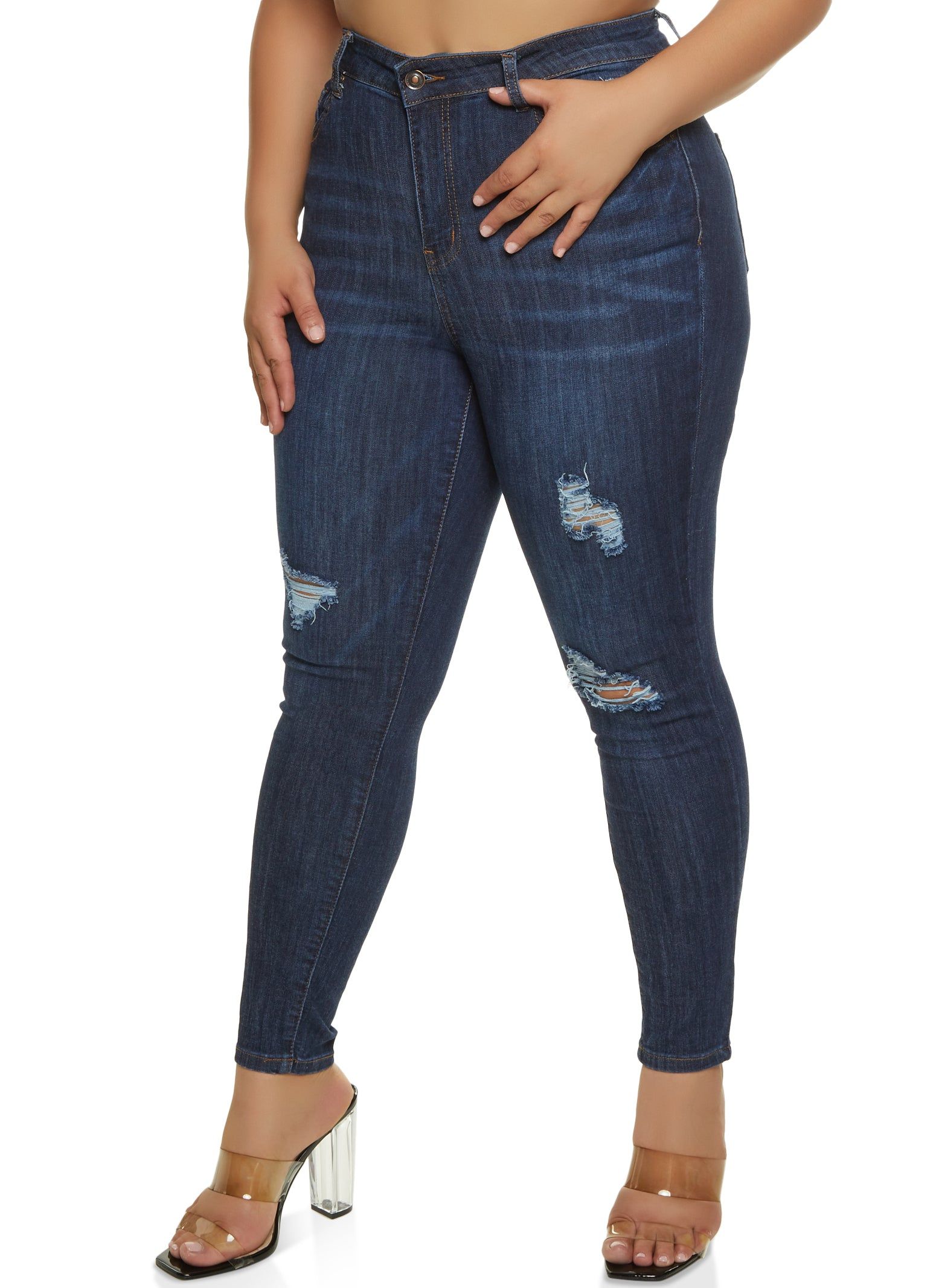 Plus Size WAX Distressed Whiskered High Waisted Skinny Jeans sold by Rainbow