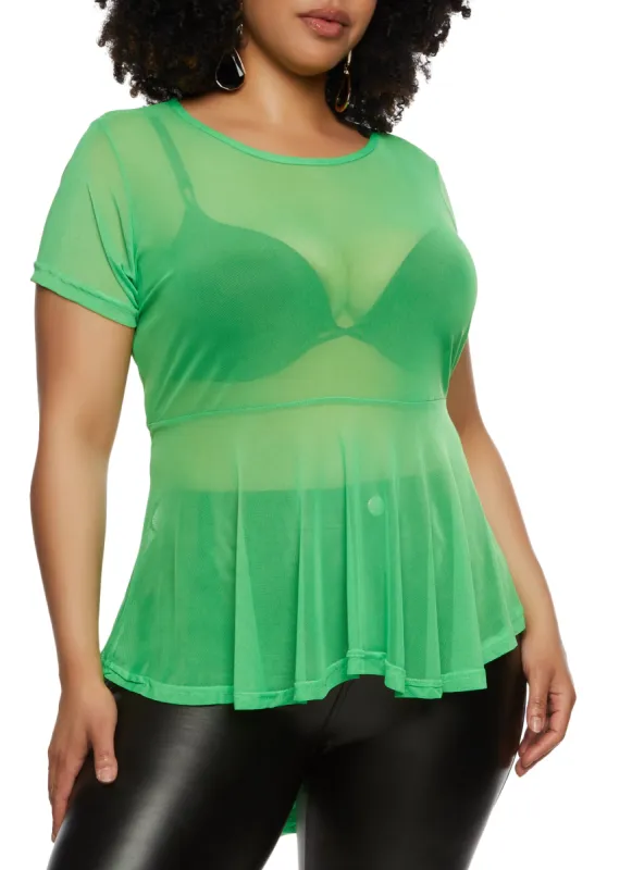 Plus Size Sheer Mesh Short Sleeve Peplum Top sold by Rainbow