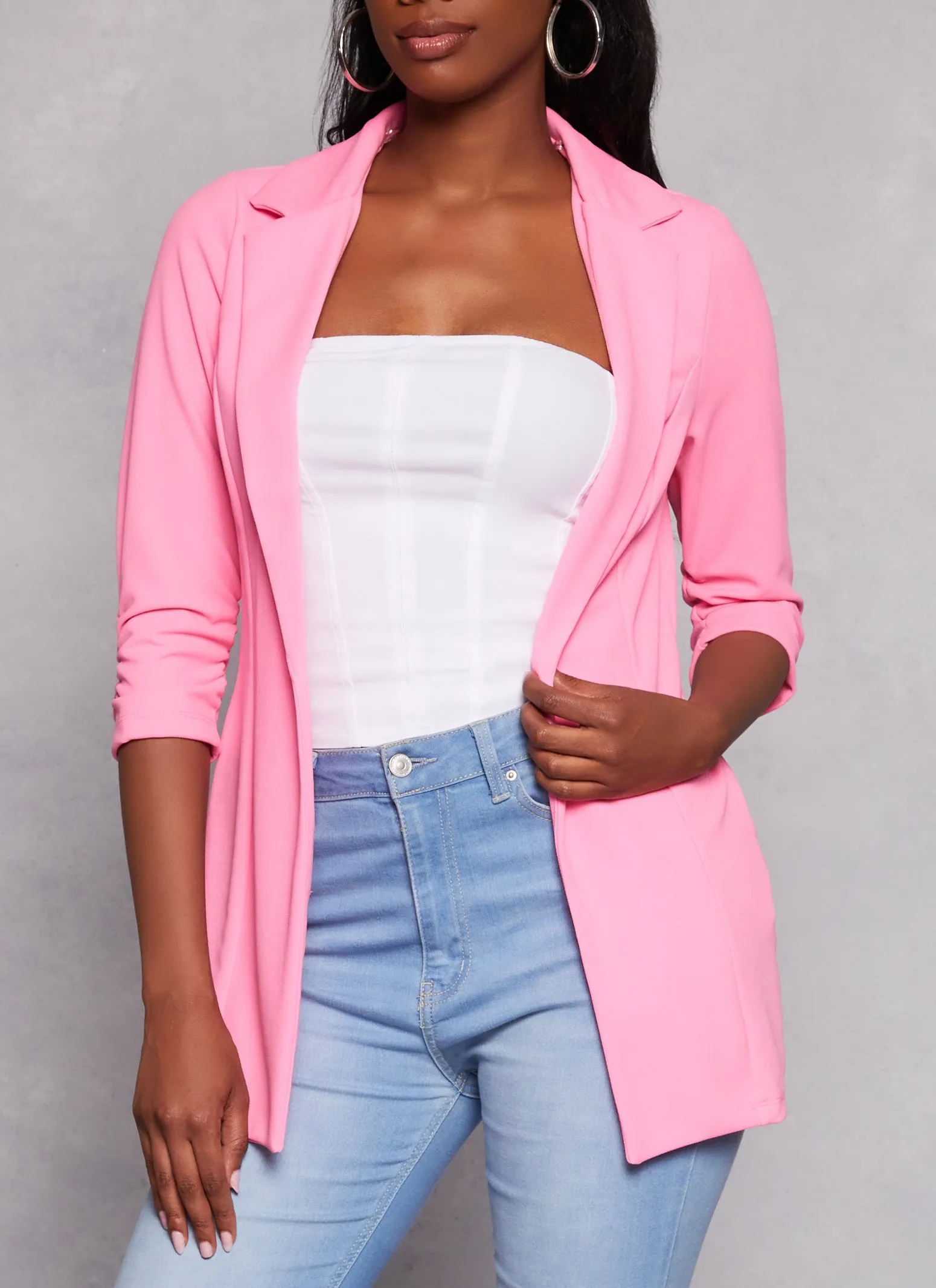 Solid Open Front Ruched Sleeve Blazer sold by Rainbow