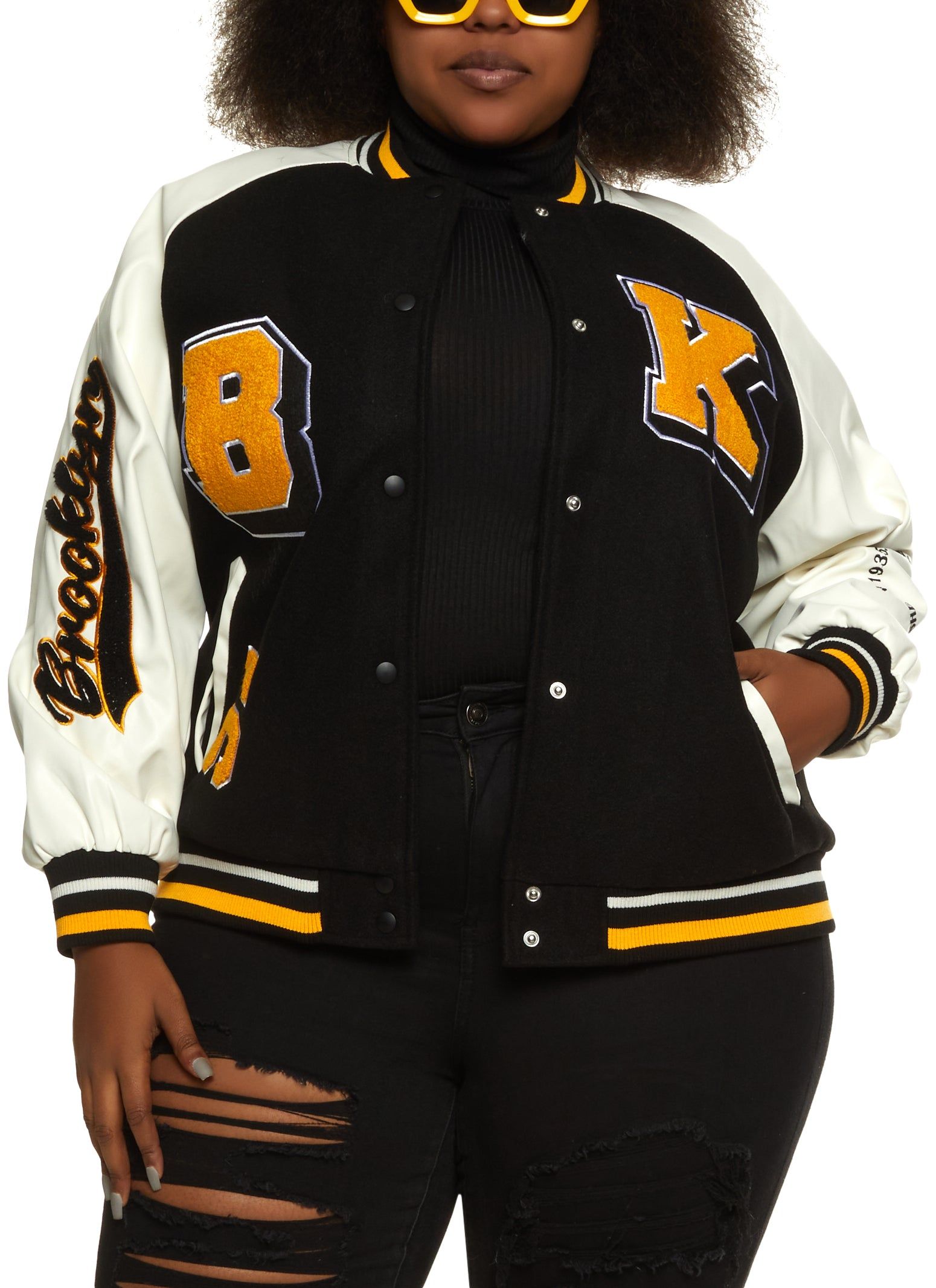 Plus Size PU Sleeve Brooklyn Chenille Patch Varsity Jacket sold by Rainbow
